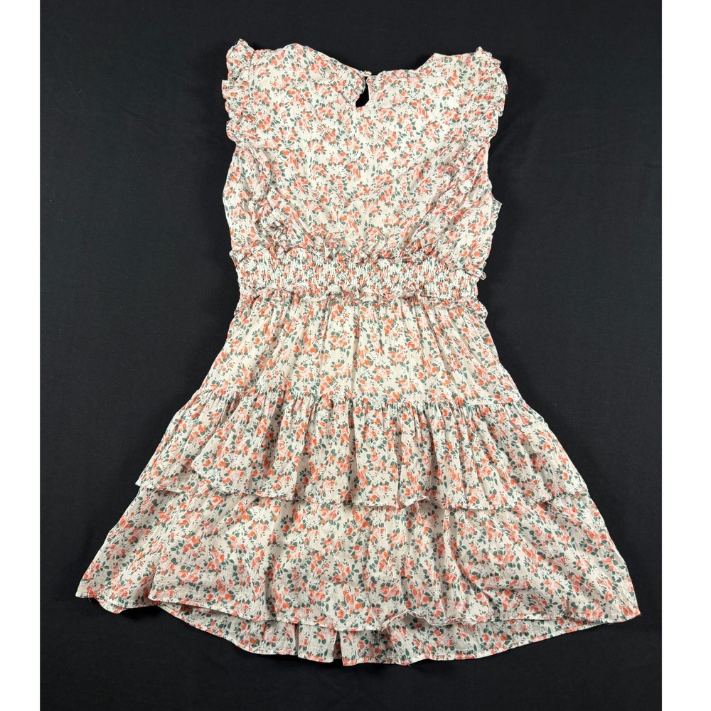Storia Floral Smocked Tiered Ruffle Mini Dress White Coral Boho Summer Wedding M - Picture 6 of 7